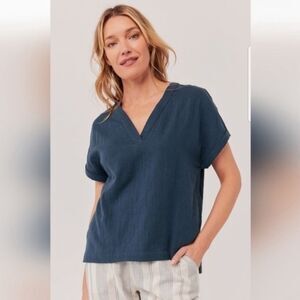 NEW PACT 100% Organic Cotton Gauze Crinkle Blue Navy V-Neck Boxy Coastal Top XS
